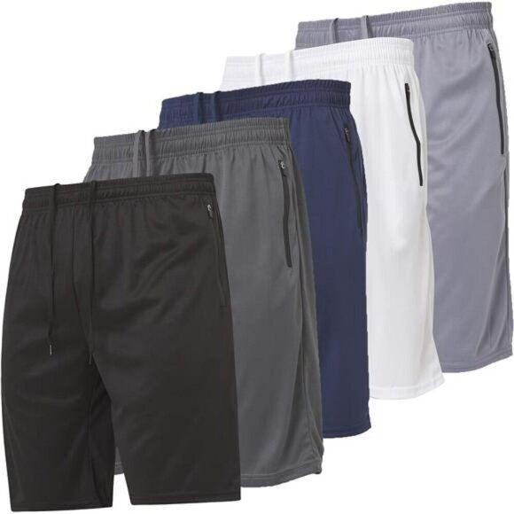 Mens 5 Pack Athletic Running Shorts Gym Basketball Workout Zipper Pockets - Picture 1 of 7